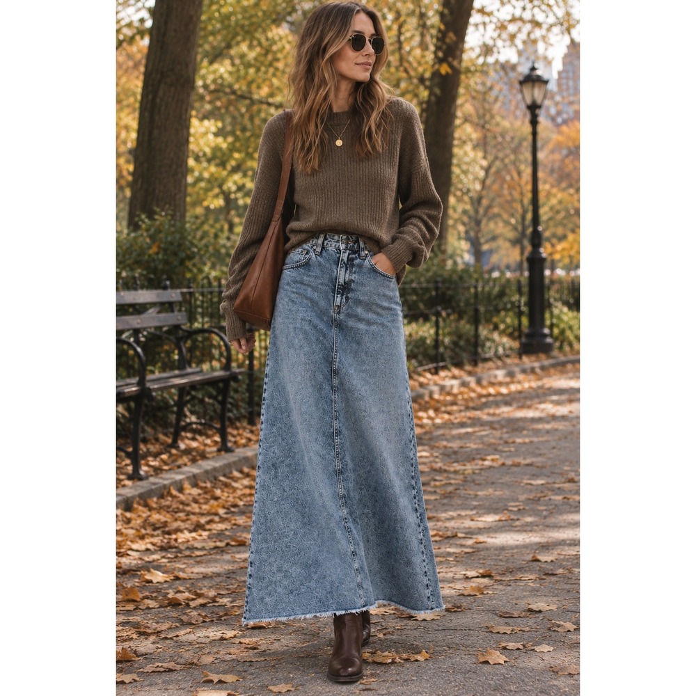 We The Free Free People Blue Acid Wash Denim Maxi Skirt Raw Hem - Size 2